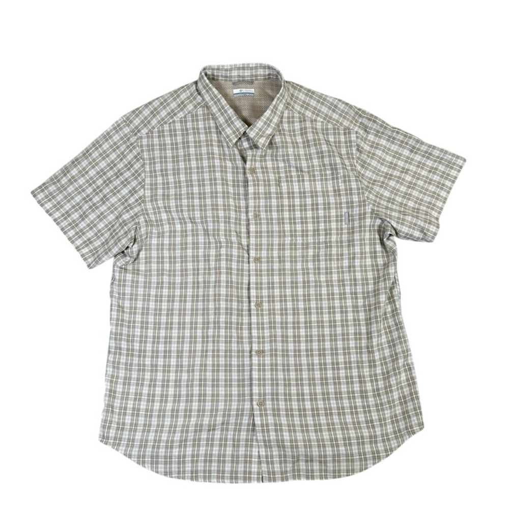 Columbia Mens XXL Plaid Short Sleeve Button Down Shirt Tan White Hiking Vent